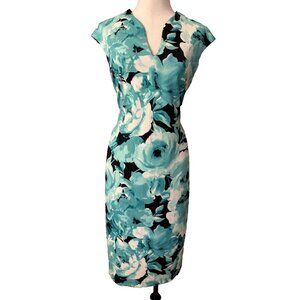 Connected Apparel Dress 14 Blue Black White Floral Midi Cap Sleeve Washable NEW